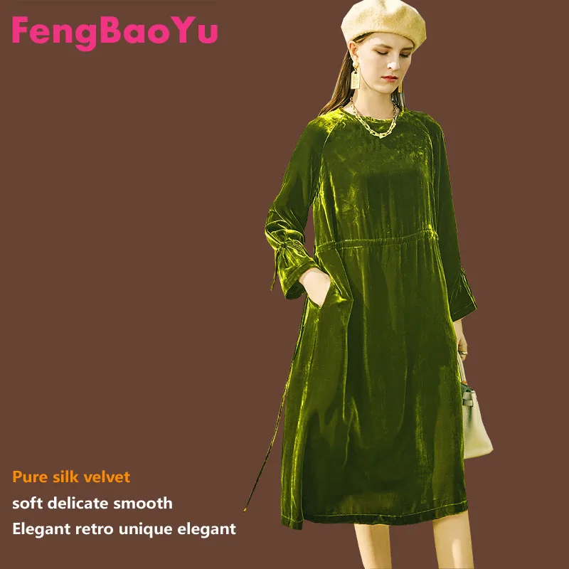 Fengbaoyu-Women\'s Silk Velvet Apring Dress, Round Collar, High Waist, Bandage, Warm, Long Sleeve, Lady, on Sales,High-End Wear