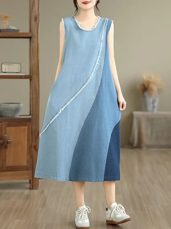 Color Block Splice Sleeveless Denim Dress Large Size Women's Clothing Frayed Design Mid-Length Slim A-Line Vest Skirt