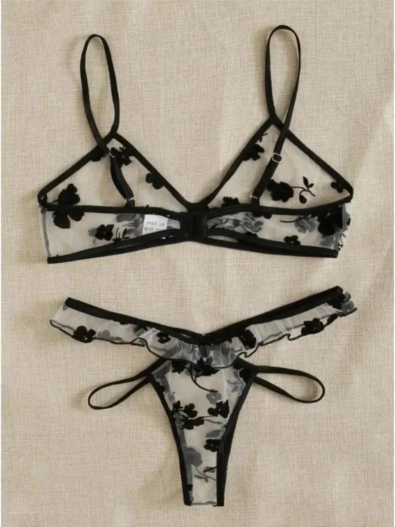 Conjunto de Sujetador de encaje para mujer, lencería Sexy transparente, ropa interior con tirantes finos, traje con estampado Floral, Bralettes elegantes, Корistarт Ж misce, verano 2025