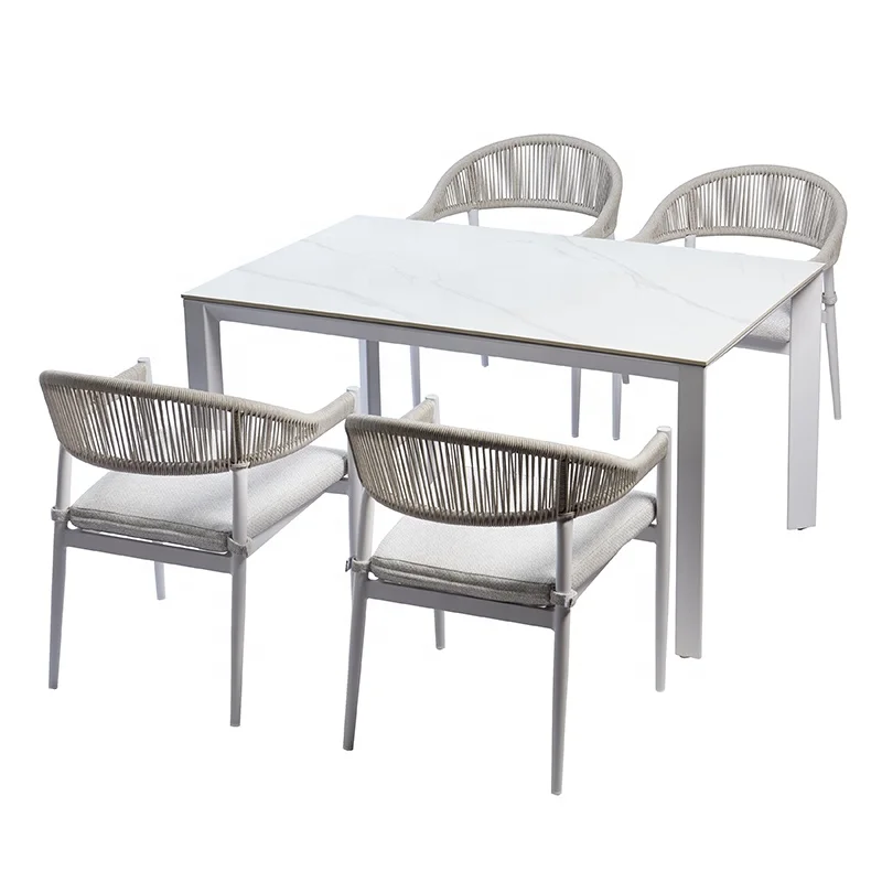 Modern 5 Piece Outdoor Patio Furniture Set Aluminum Rope Dining Table and Chairs Garden Terrace Porch Casual Conversation Set