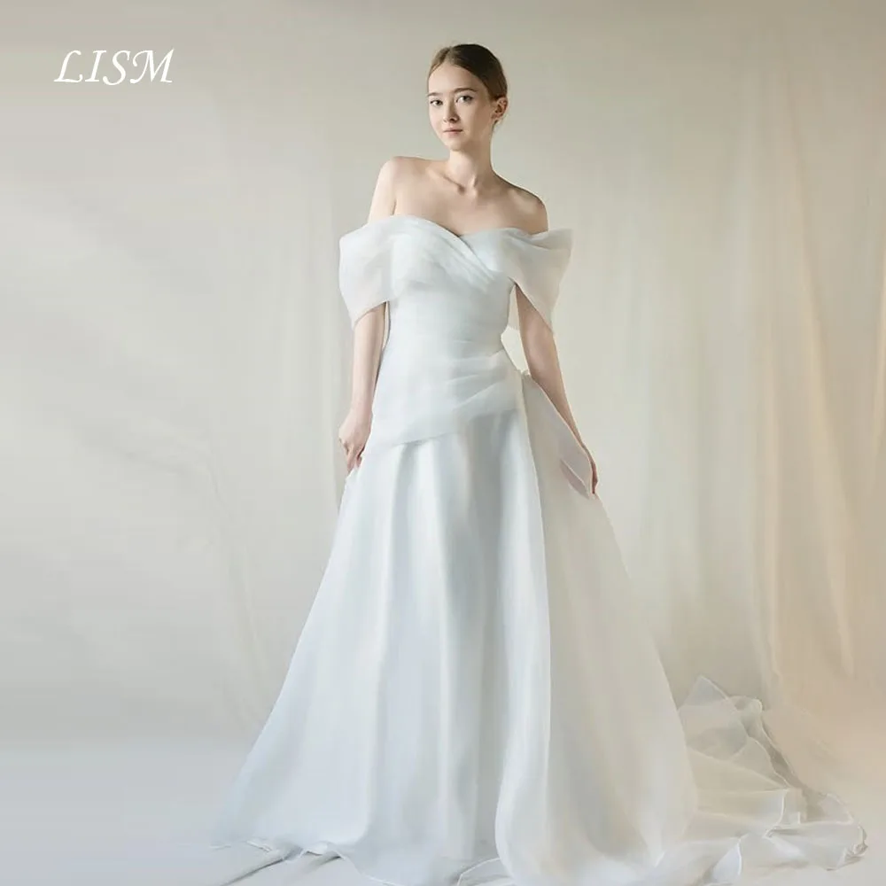 

LISM Простые корейские свадебные платья трапециевидной формы с открытыми плечами, свадебные платья из шелковой органзы для фотосессии на заказ, корсеты сзади