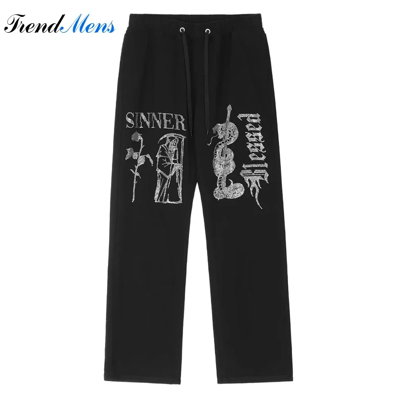 

Jeans for Men Casual Baggy Straight-leg Rhinestone Trousers Pantalon Homme Men's Clothing Streetwear Pants Y2k Top Kanye Jesus