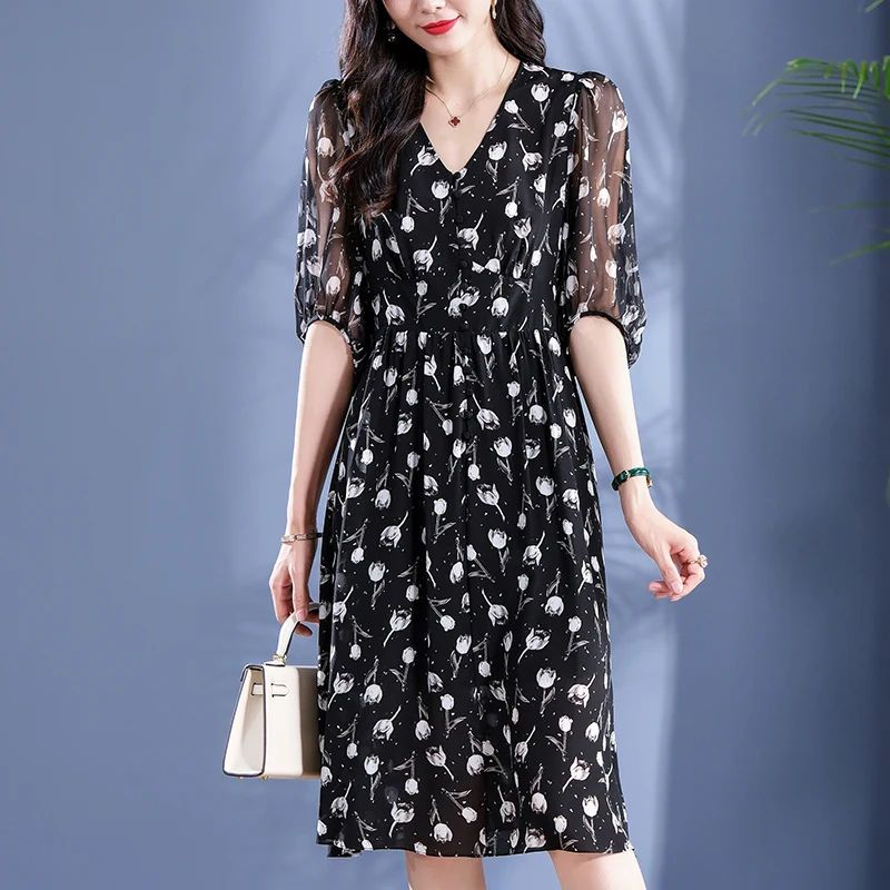 

100% Real Silk Women's Black Dress 2024 Summer V-neck Elegant Dresses For Women Vintage High Waist Floral Print Woman Long Dress