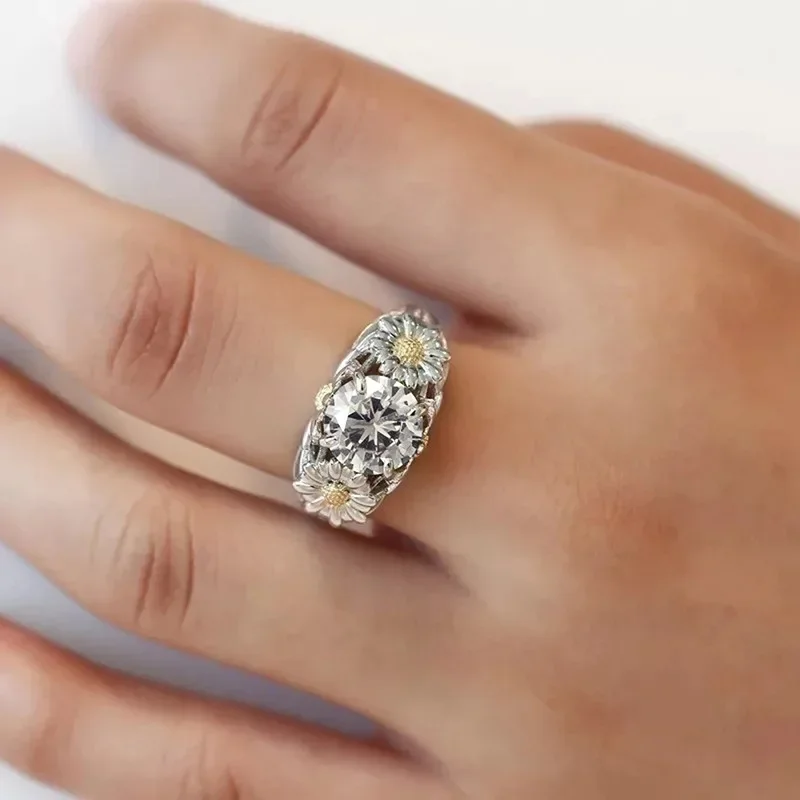 New Elegant Flower Inlaid Zircon Women's Ring, Fresh Countryside, Light Luxury, Niche Design, Temperament Jewelry Accessories