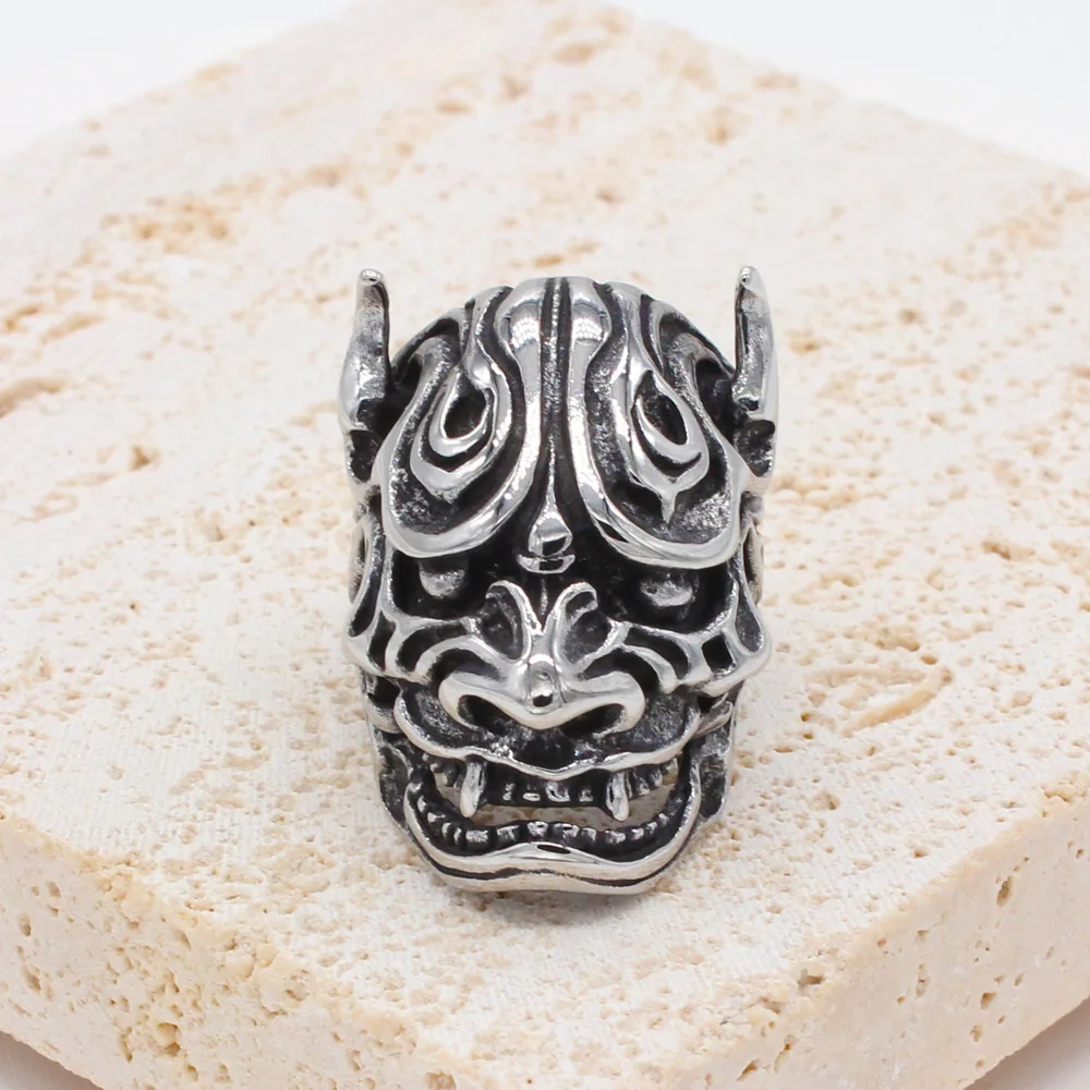 Gothic Demon Skull Mask Ring For Men Punk Hip Hop Japanese Demon Samurai Stainless Steel Biker Skull Rings Fashion Jewelry Gift