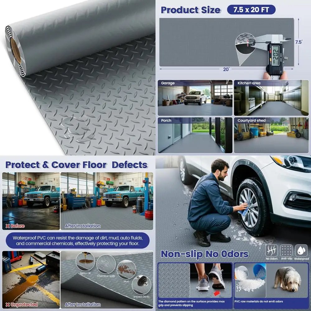 Robuste 7,5 x 20 Fuß große Garagen-Fußmatten – Diamantplatte, rutschfeste, wasserdichte PVC-Bodenrolle für unter Fahrzeugen und Geräte