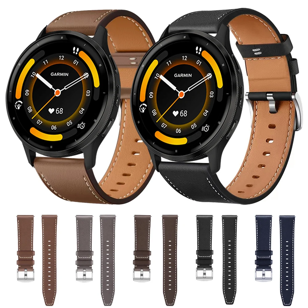 22 20mm Leather Smart Watch Band For Garmin Vivoactive 4 3 5/Venu SQ 2/Forerunner 55/265 255 245 645 VENU 3 2/Venu 2 Plus Straps