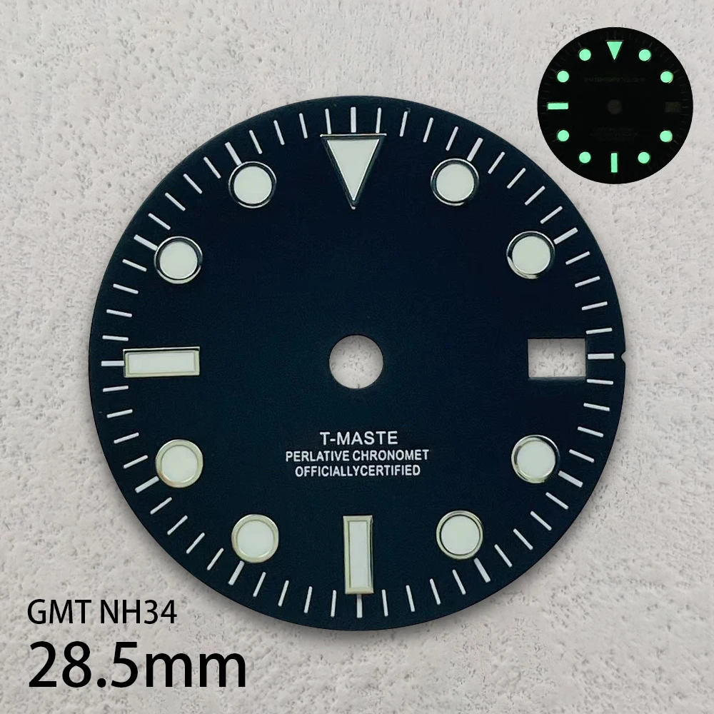 28.5mm S Logo Black GMT Dial Fit NH34 Japanese Movement Green Luminous Watch Modification Accessories