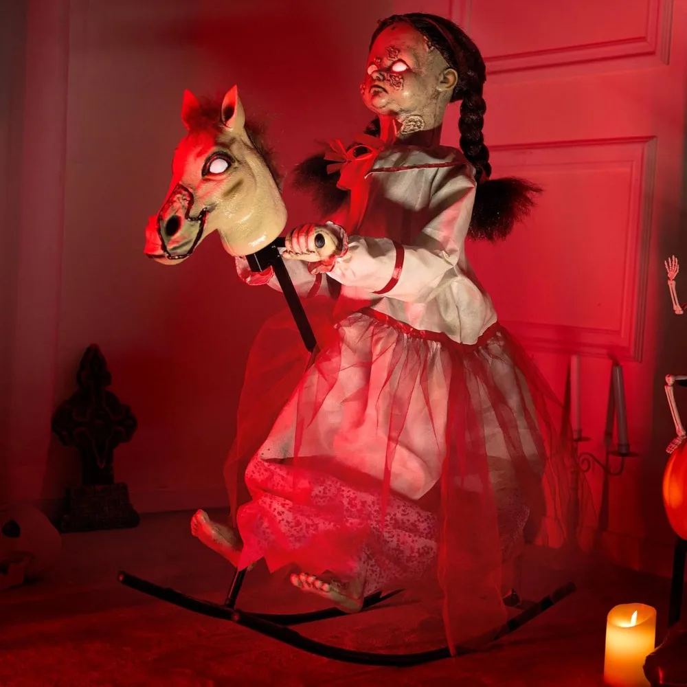 

Halloween Animatronics Rocking Horse Doll3 Ft , Halloween Decorations & Light & Sound, Sound Activated Scary Girl Decor