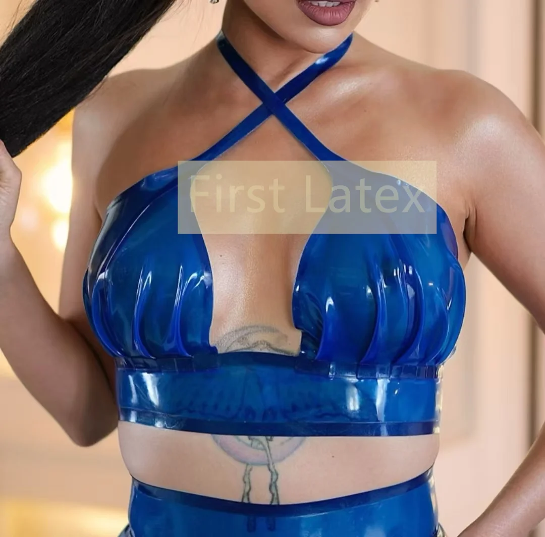 Transparentes Blaues Damen Naturlatex Sexy Crop Top Gummi-Weste Latex-Lingerie Camis Camisole Glänzende Stretch-Bralette Cosplay