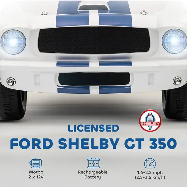 Coche Ford Shelby GT 350 para niños con control remoto, velocidad ajustable, MP3, arranque suave, luces LED, blanco