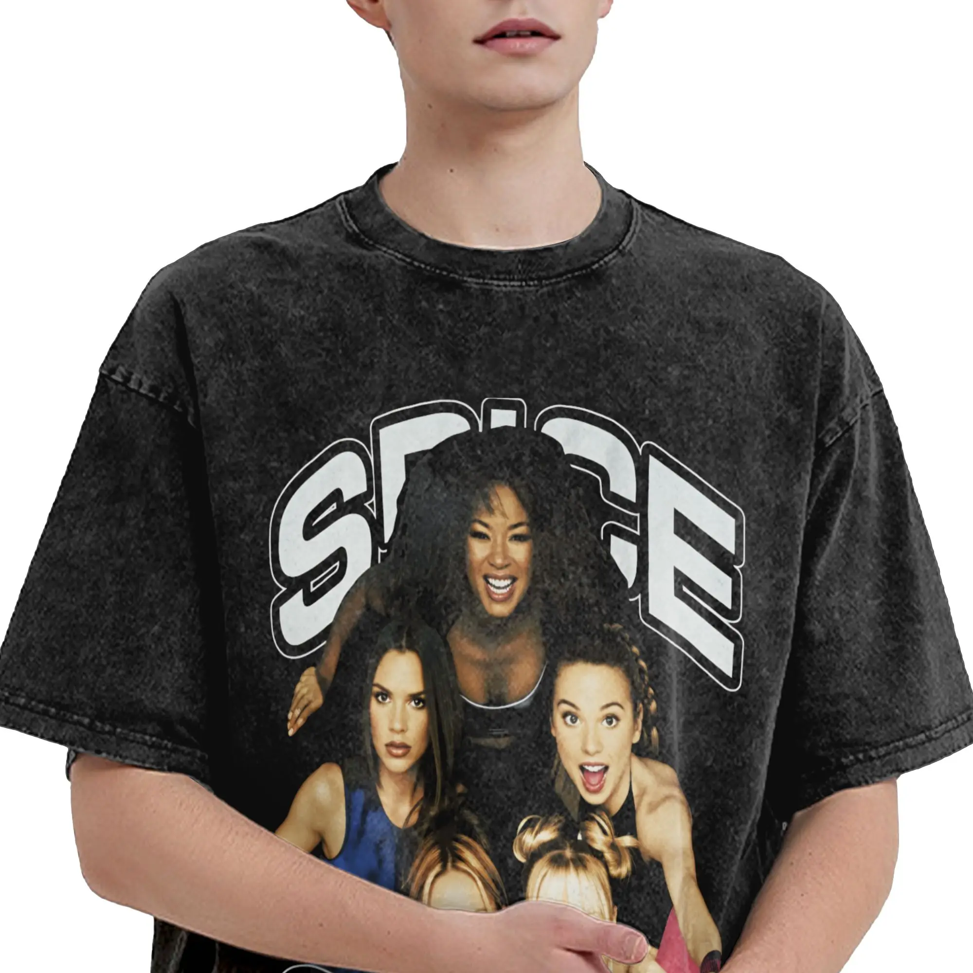 Harajuku Washed Shirt Spice Girls Tour Apparel Vintage T-Shirts High Street  Streetwear Short Sleeve Summer Tops Tees