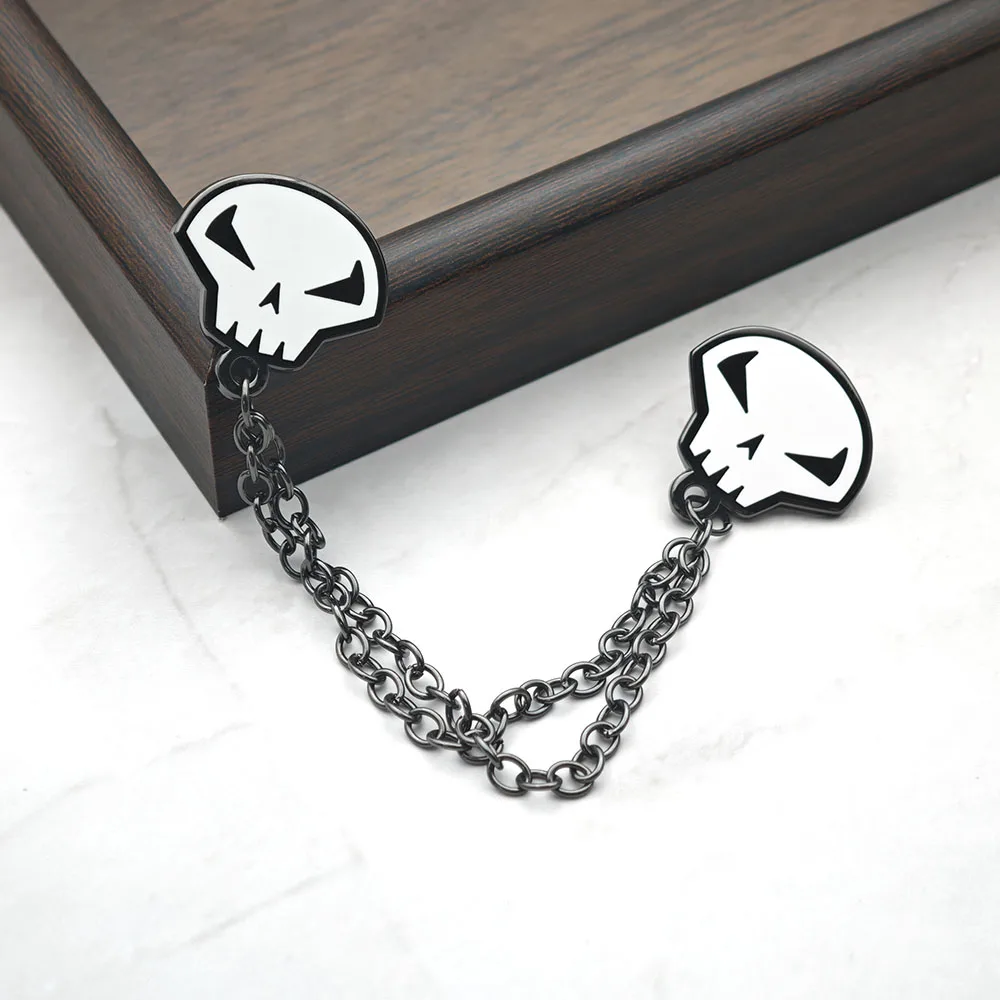 Halloween Gothic Doppel-Totenkopf-Kettenbrosche, Punk-Skelettkopf-Metallabzeichen, Kragenpin, Quasten-Ketten-Reversnadeln, Schmuckgeschenk – Detail 5