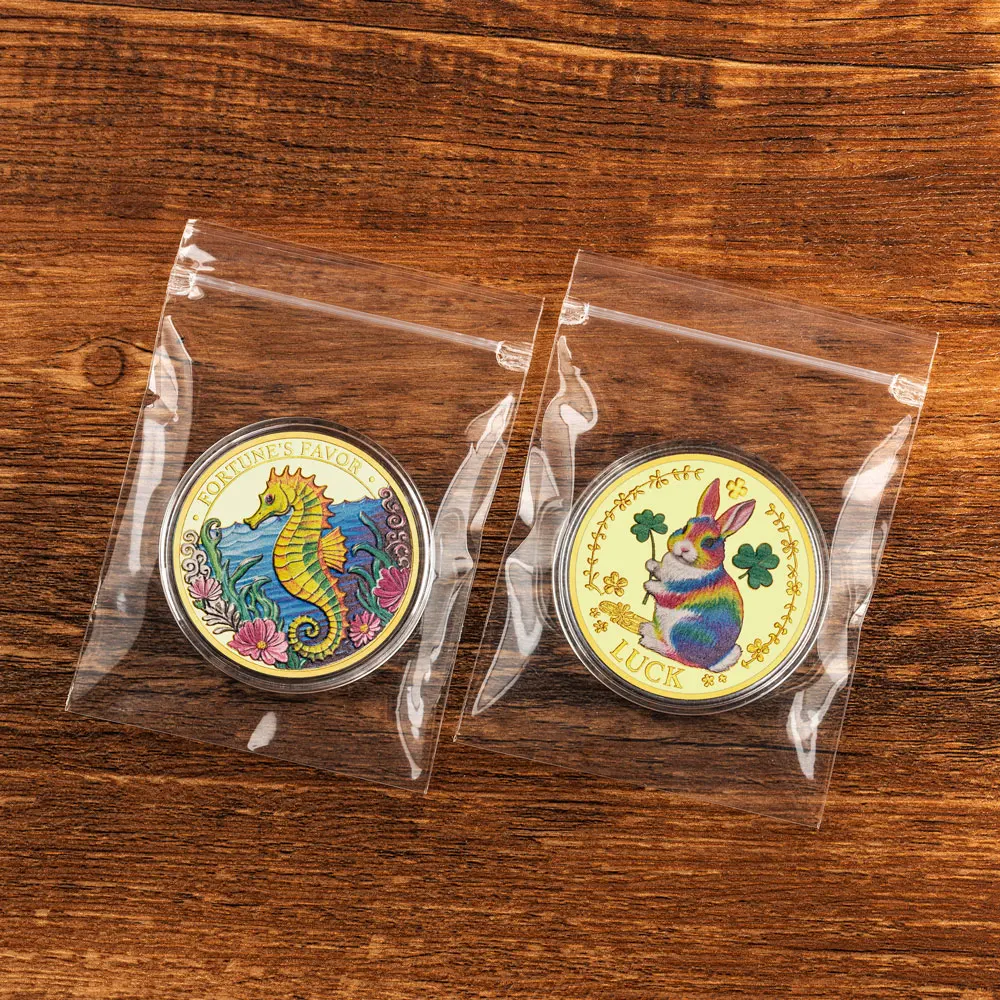 Gold-plated Clover Seal Color Printing Souvenir Coin Seahorse Rabbit Is Fate Favored Lucky Commemorative Coins
