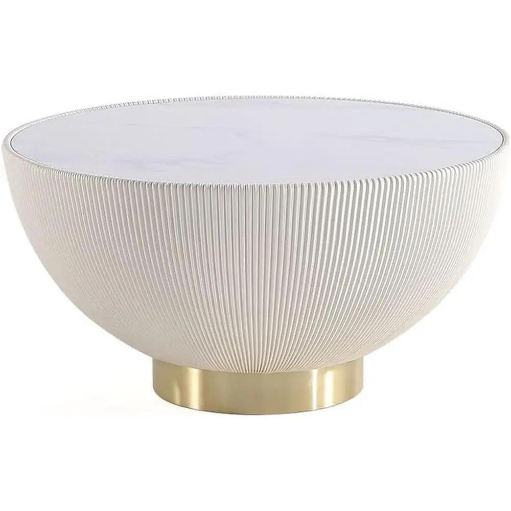 

Low-Profile Round Coffee Table – Ceramic Marble Tabletop, Pleated Leatherette Detail, Gold Base, Fully Assembled Accent Table, S