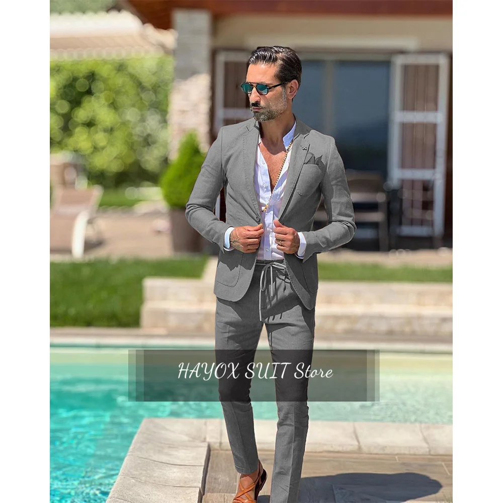 Men's Full Suits A Buckle Linen Fabric Male Suit Mens Formal Wear Summer Thin Breathable Groom Dress Commuter Leisure Elegant