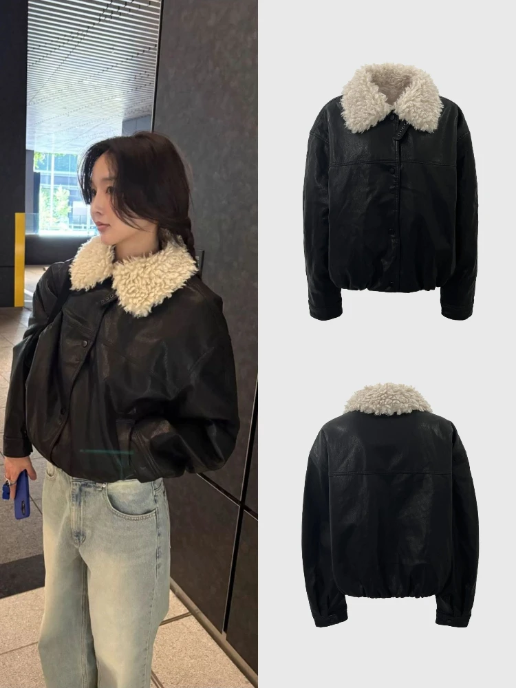 

Женская шуба свободного покроя из искусственной кожи с воротником из овечьего меха, винтажная шуба свободного покроя с внутренним мехом Sle Thiened Long Sve