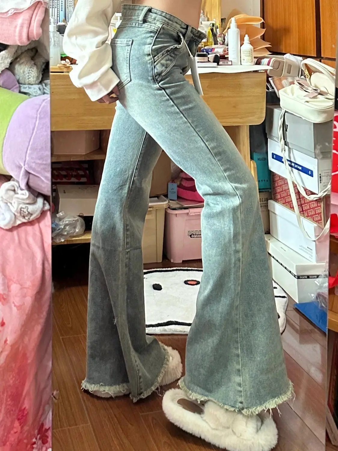 Jeans lunghi da donna dritti classici svasati con fondo a campana Bootcut tromba allungamento delle gambe sagoma a forma di pera abbigliamento femminile