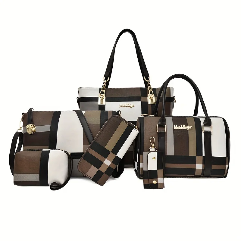 Classic Plaid Pattern Bag Sets, Trendy Tote Bag With Handbag & Shoulder Bag & Clutch Bag & Wallets