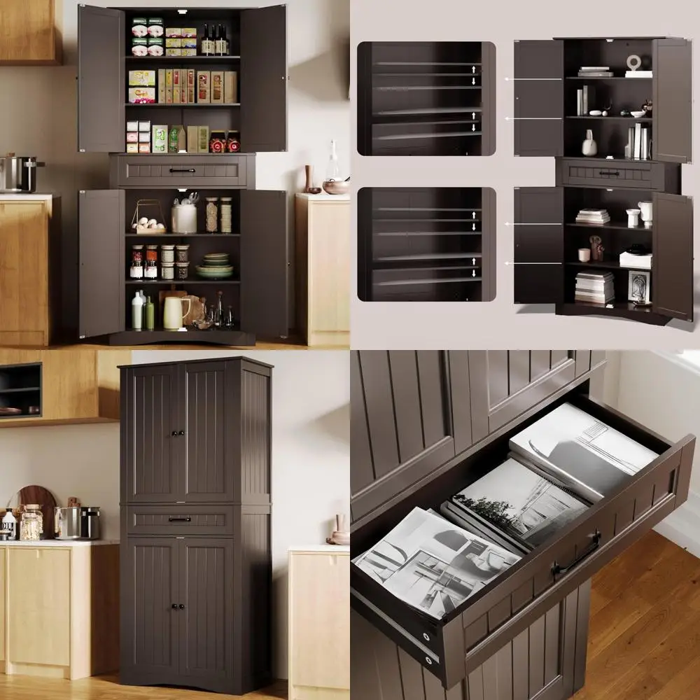 

Шкаф для хранения кухонной кладовой, отдельно стоящий органайзер высотой 71-дюймовый с 4 дверцами и регулируемыми полками для эффективной кухни St