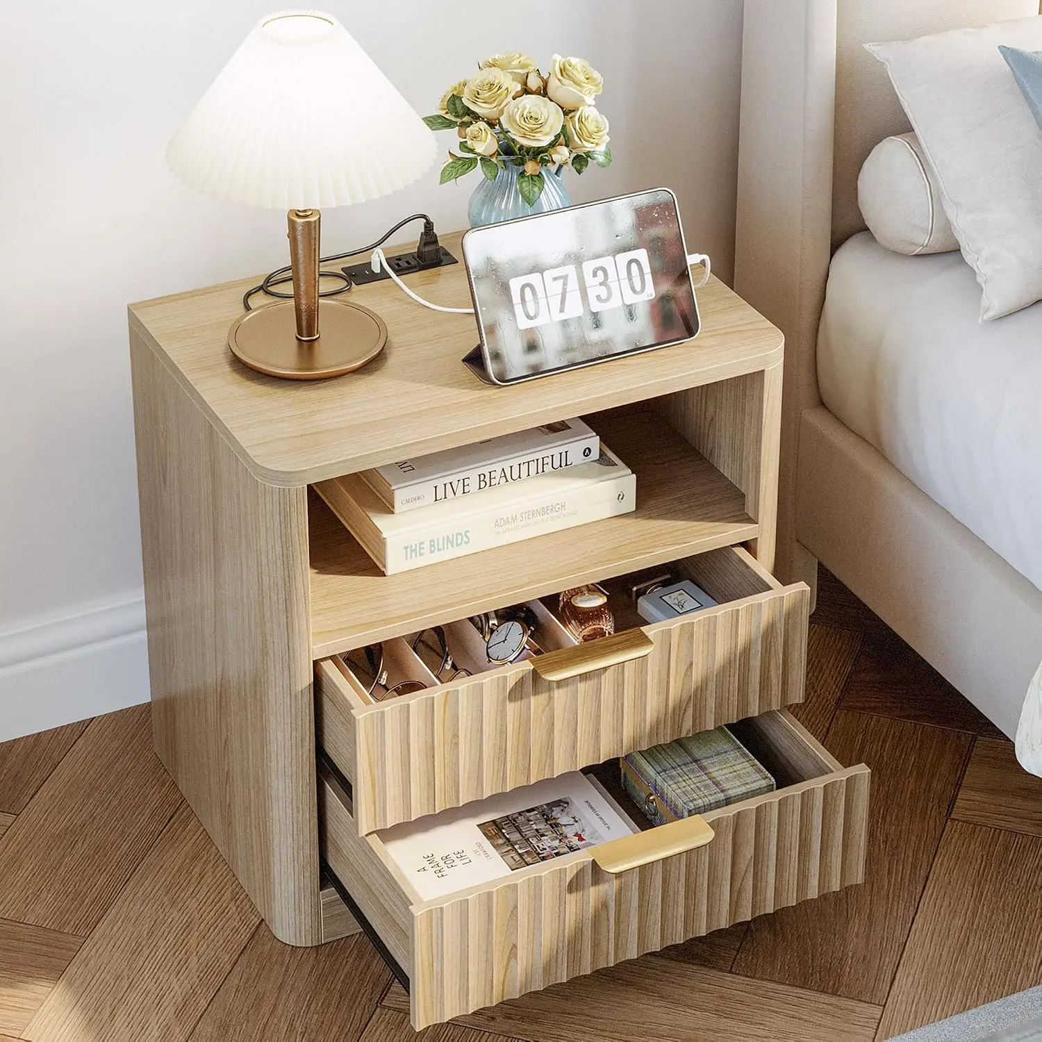 Fluted Night Stand Set of 2, Modern Nightstand with Charging Station, Drawers and Open Shelves - Bedside Table Wood, Custom - view 2