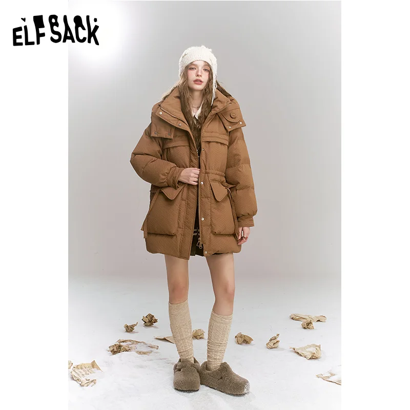 ELFSACK 2024 Winter New Arrivals Casual loose medium hooded warm down jacket for women Top with V-shaped embossed fabric design