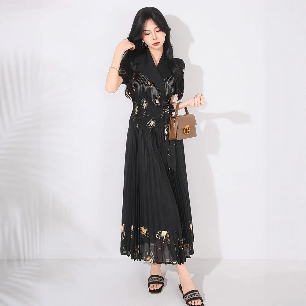 

Miyake Style Fashion Gold Stamping Dress Women's Suit Collar Short Sleeve Patchwork A Line Dresses 2025 Summer New Tide