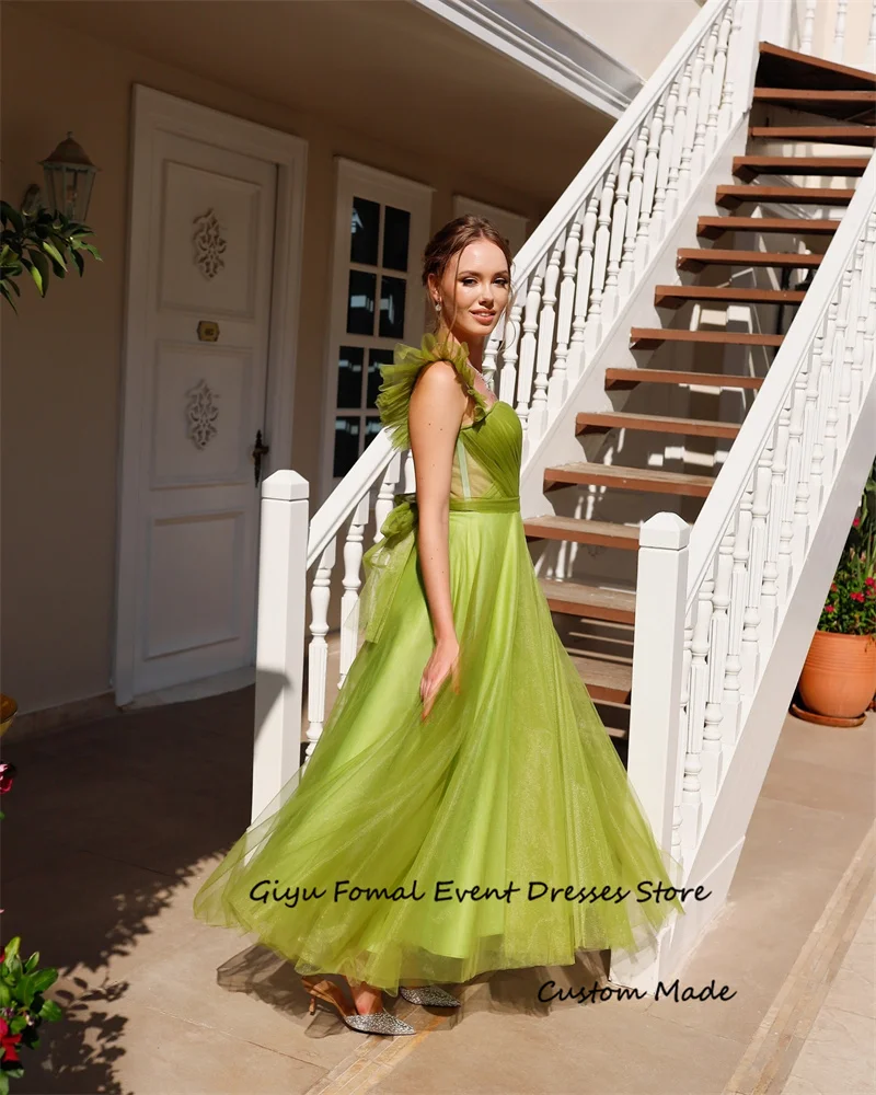 Giyu Bright Green Tulle Evening Party Dresses Cap Sleeves Sweetheart Ankle Length Prom Gowns Formal Party Dress Arabic Women