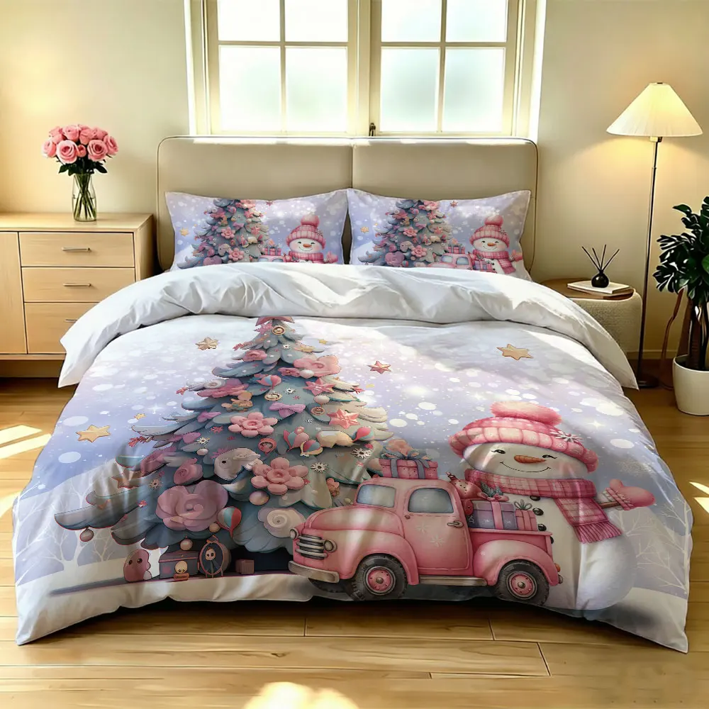 A set of 3 pieces (1 bedspread + 2 pillowcases) featuring a pink Christmas snowman tree perfect for home decoration