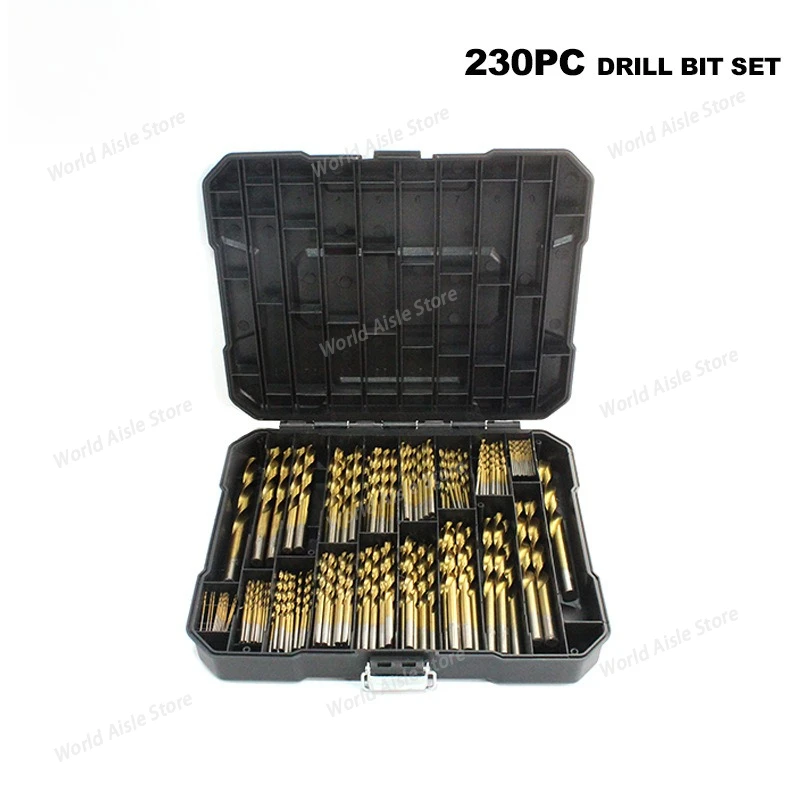 230-Piece HSS Titanium-Plated Twist Drill Bit Set, 1mm–10mm Round Shank Drill Bits in Plastic Case