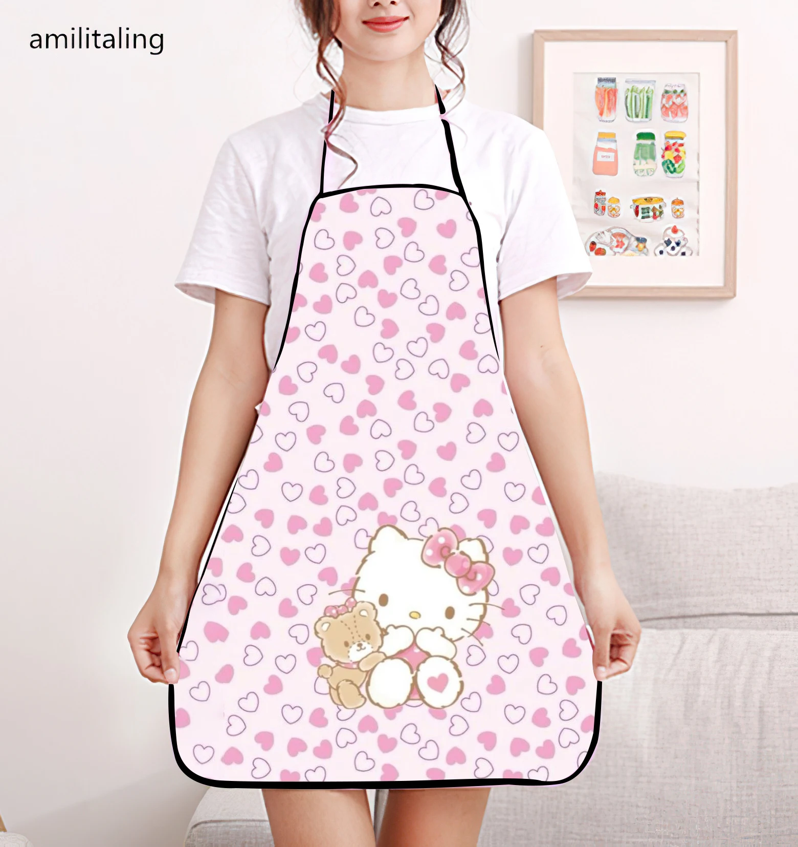 Hellokitty cute cartoon print bib apron - adjustable one size design, waterproof and durable polyester fabric suitable for garde