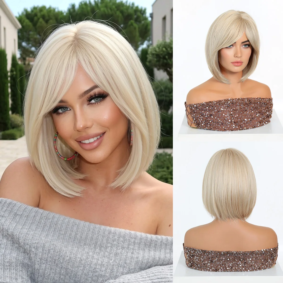 Kurze, gerade, synthetische Perücke, grau-blond, Ombre, hitzebeständige Faser, natürlich aussehend, für den täglichen Gebrauch, Party, Cosplay, für Frauen im Alltag – Detail 8
