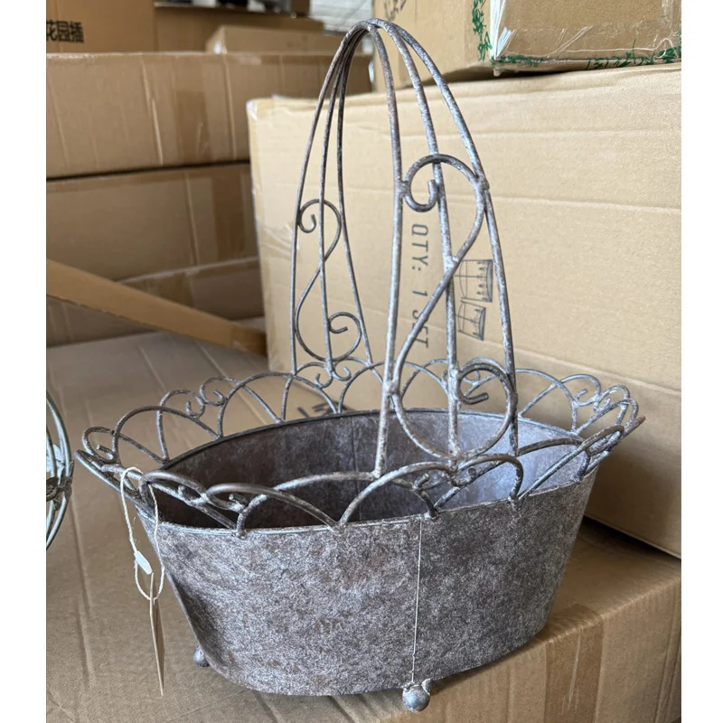 

Decorative Metal Wall Basket with Handle, Antique Gray Distressed Finish, 32cm Long x 33cm High, Vintage Farmhouse Style