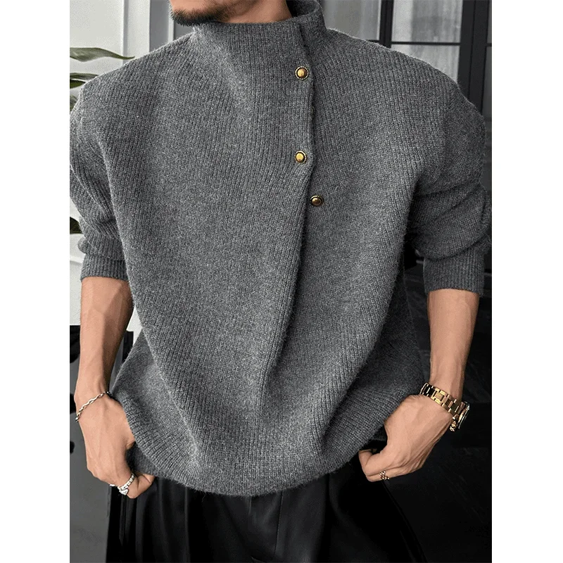 

High-end Luxury Design Trend Coats Autumn Winter Knitwear Sweater Men High Neck Button Long Sleeve Pullover Business Casual Tops