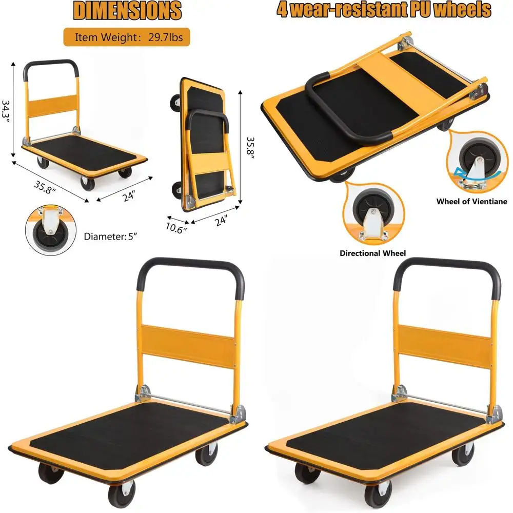 รถบรรทุกพื้นเรียบพับได้ขนาดใหญ่ สีเหลือง - รับน้ำหนักได้ 880 ปอนด์, 35.8x24x34.3 นิ้ว