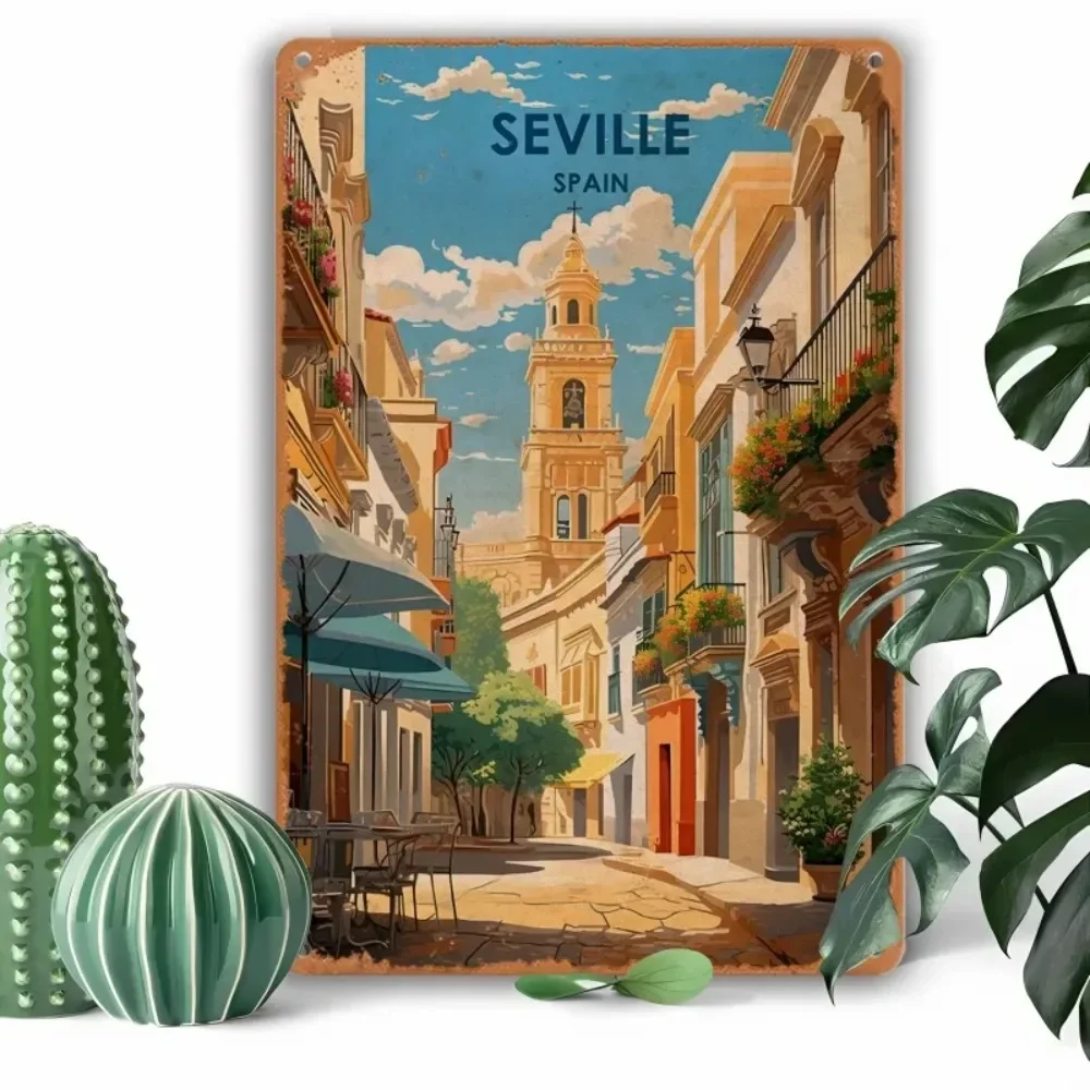 SpainLandscapeCo Vintage Seville Spain Metallschild – Postkarte, Landschaftskunst, Café/Arbeitszimmer/Party-Heimdekoration