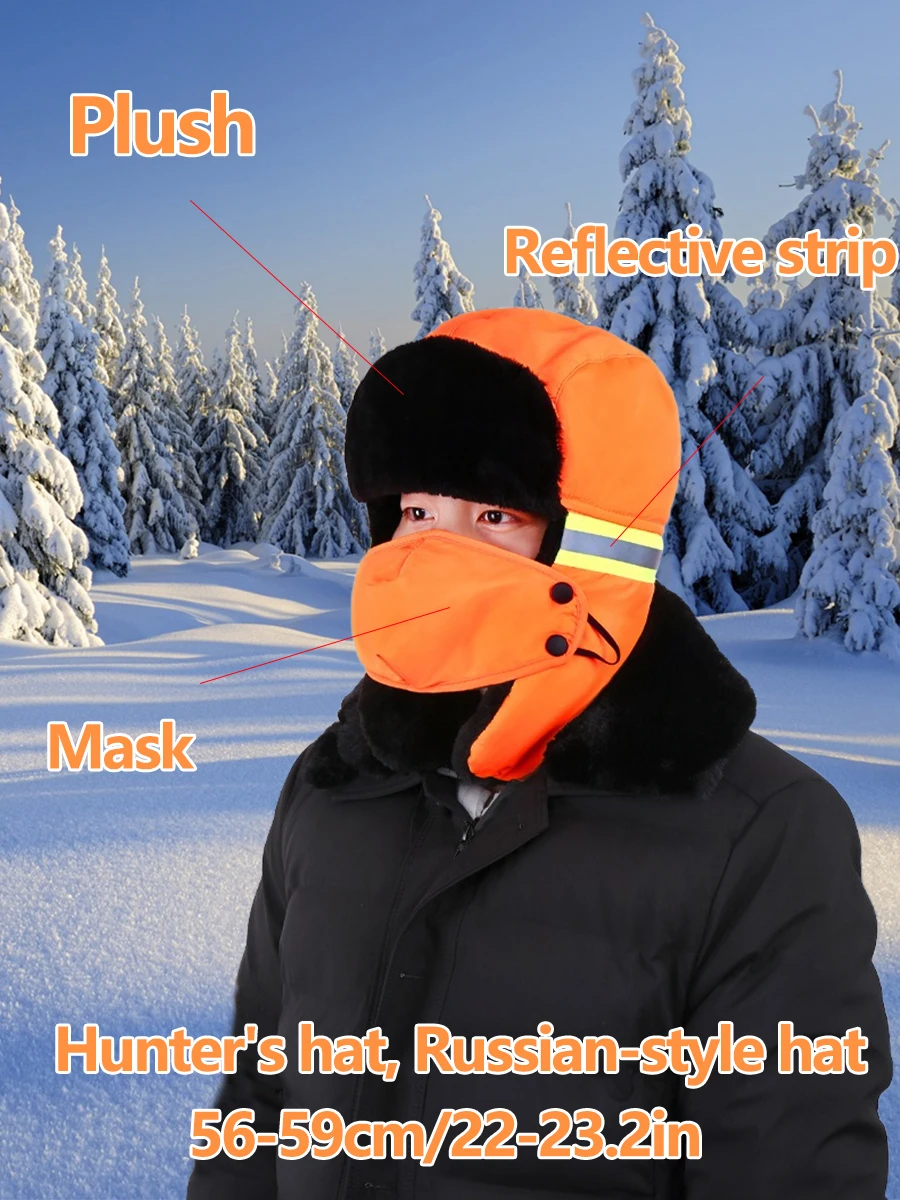 Winter-Trapper-Mütze mit Ohrenklappen in Orange und fluoreszierendem Grün, reflektierende Mütze für Arbeiten im Freien, Jagd, Skifahren – Detail 3