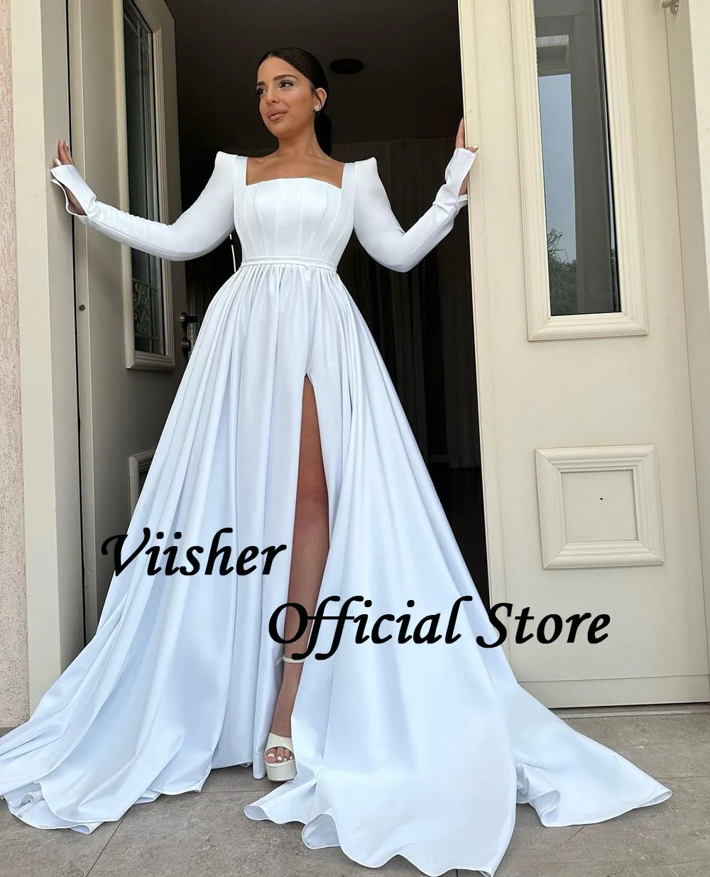 Viisher-Robe de Mariée Ligne A en Satin Blanc, Plissée, Manches sulf, Col Carré, Longue, Fendue sur le Côté, Élégante, pour Demoiselle d'Honneur