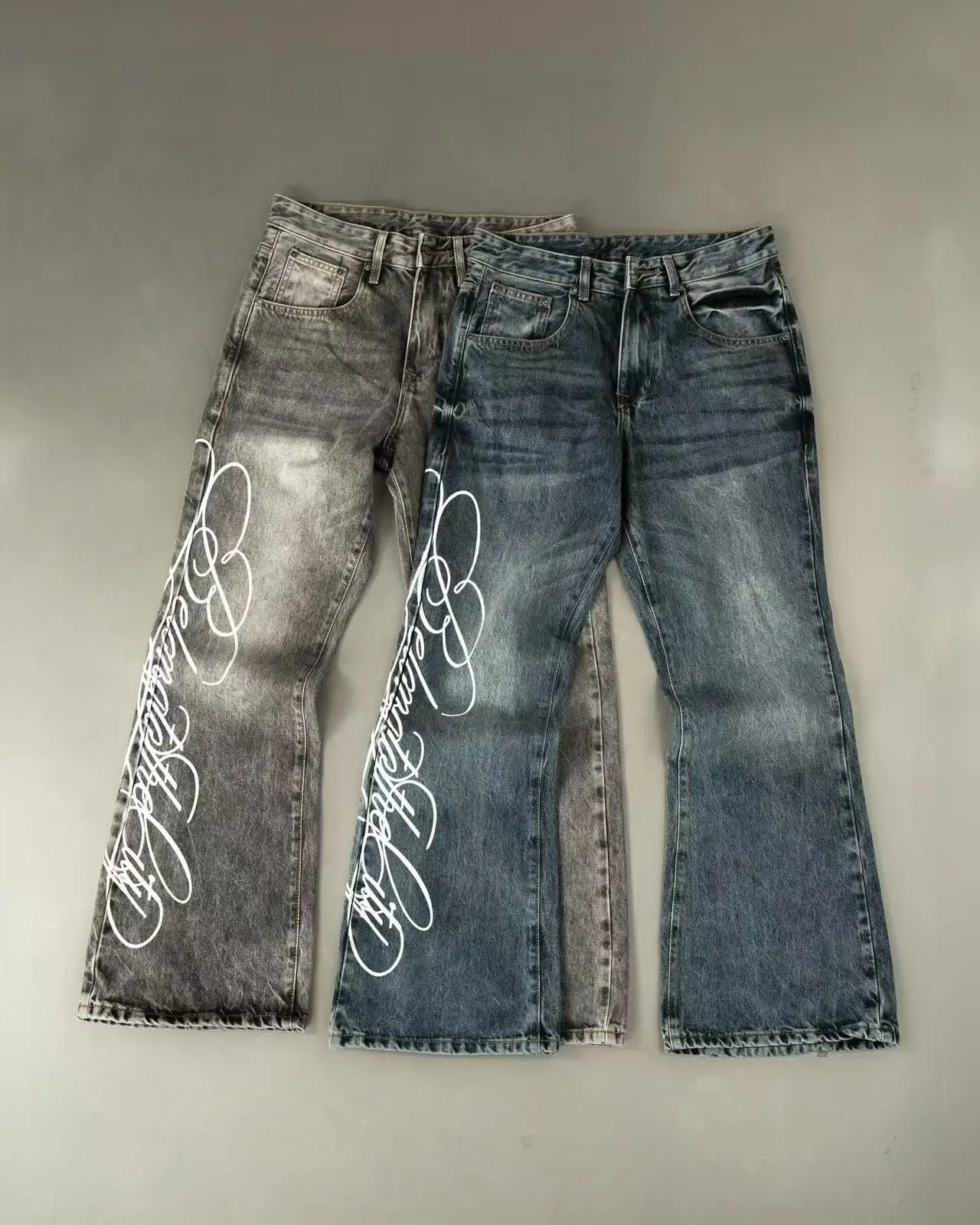 

Новые американские серые джинсы-багги с принтом 2026 года для мужчин и женщин, винтажные, в стиле хип-хоп, хараджуку, повседневные, унисекс, широкие брюки для пар