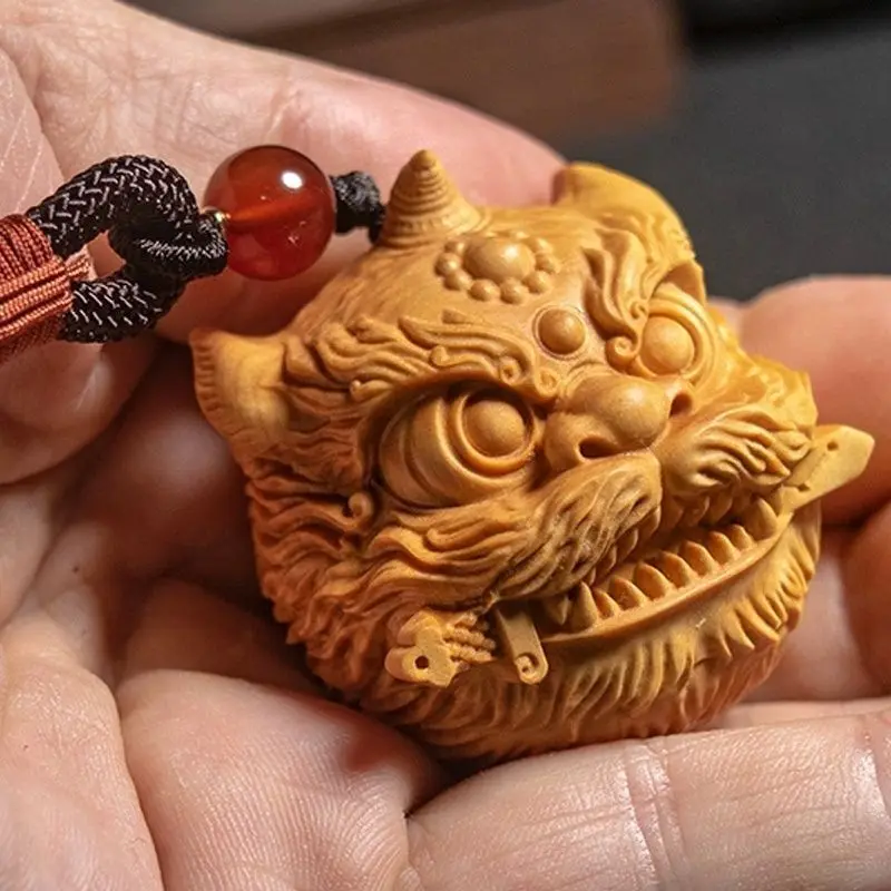 Auspicious Beast Lion Awakening Poplar Wood Carving Pixiu Hand Handle Handicraft