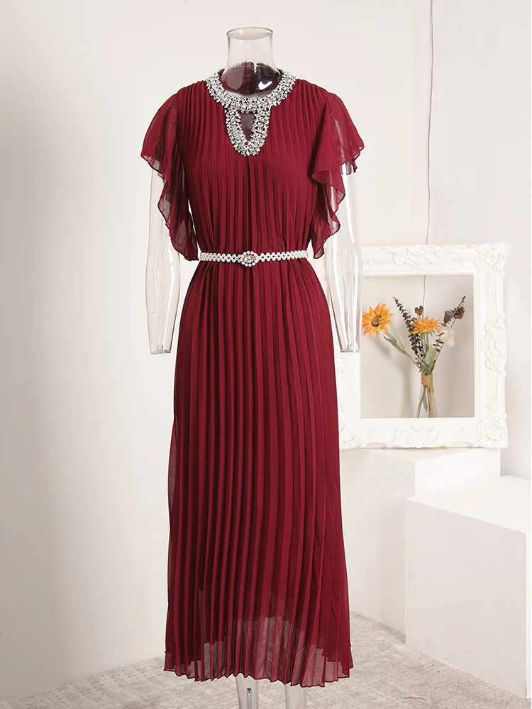 

Miyake Pleated Long Dresses for Womens Round Collar Sleeveless Diamonds Loose Summer New Fashion Dress