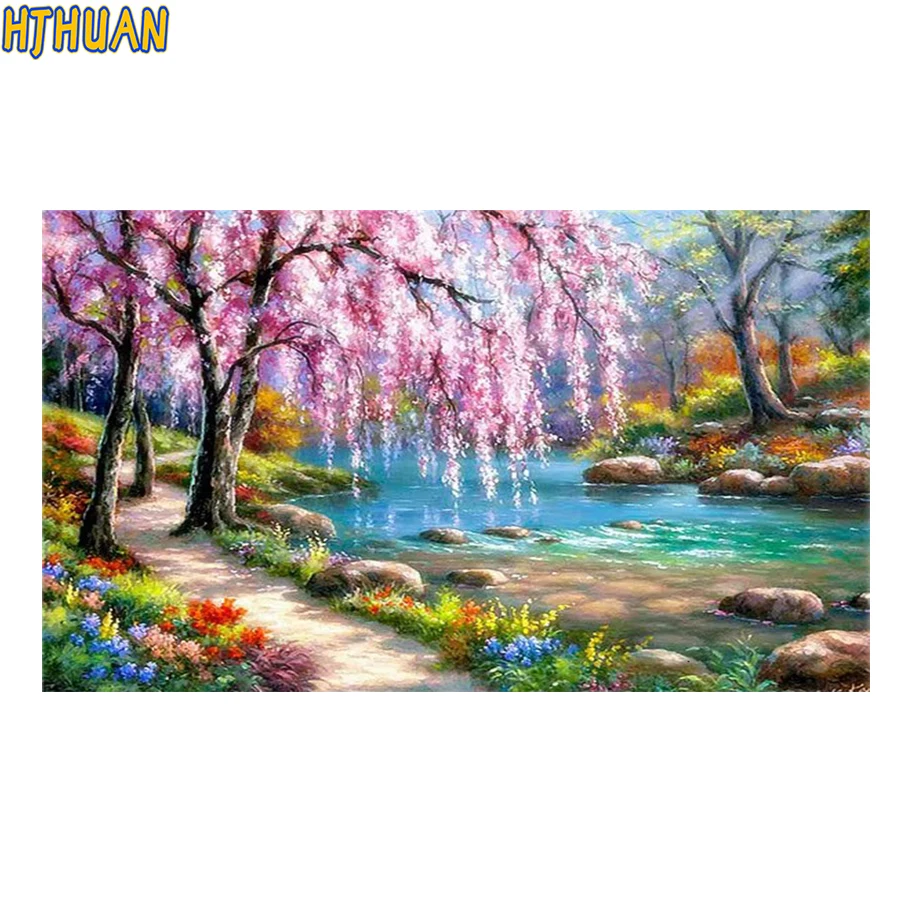 Diamond embroidery Little river, willow tree, landscape painting Modern decor mosaic diamond painting full square/round drill。