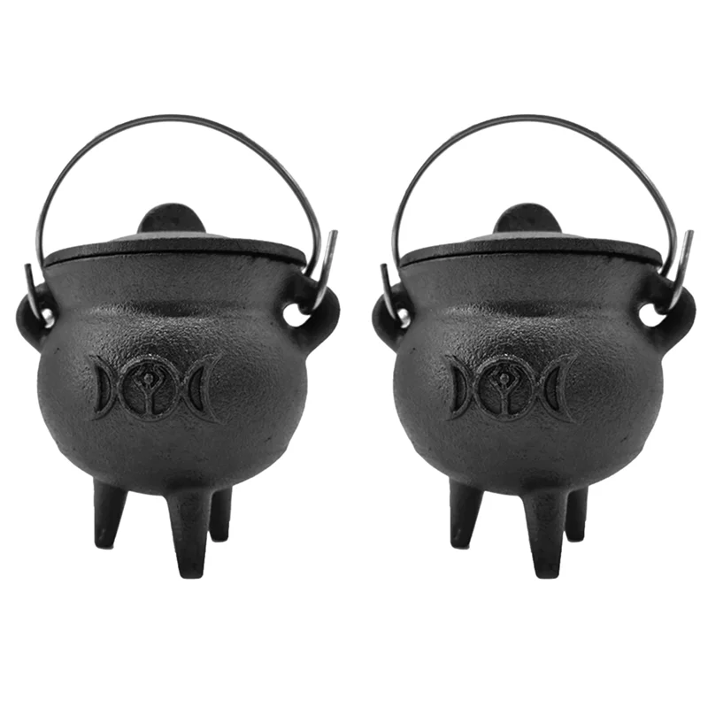 

AB35-2Pcs Iron Cauldron With Lid Handle Moon Phase Witch Pot Incense Burning Pot For Spells Smudging Ritual Blessings