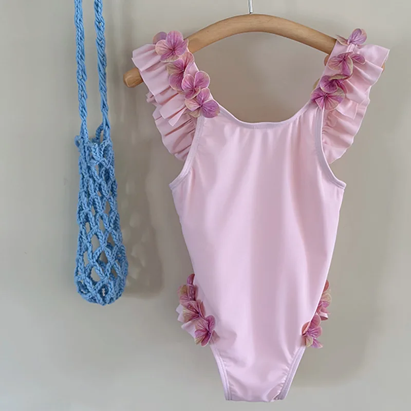 Girls Sparkling Blue Sleeveless Clothing 2025 Summer New Children Clothing Sweet Flower Girls Swimsuit