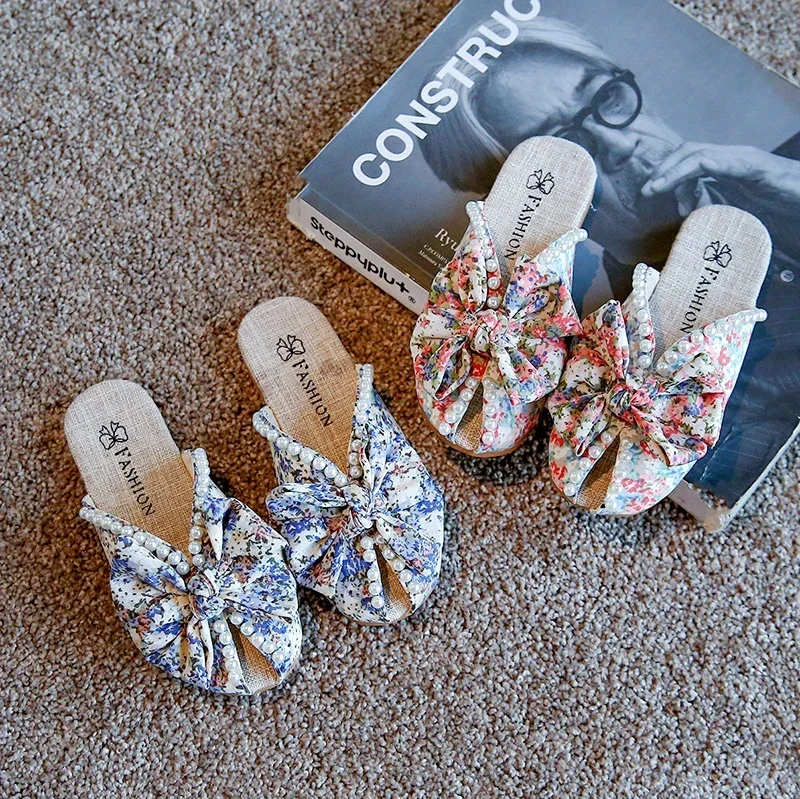 Children Slippers Kids Summer Slippers for Girls Soft Floral Cloth Princess Sweet Indoor Outdoor Girls Pearls Slippers Bow-knot