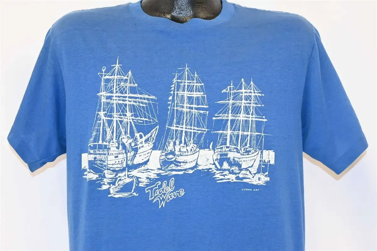 80s Tallship Tidal Wave Sailing Sail Ship Sailboat Blue T Shirt Large