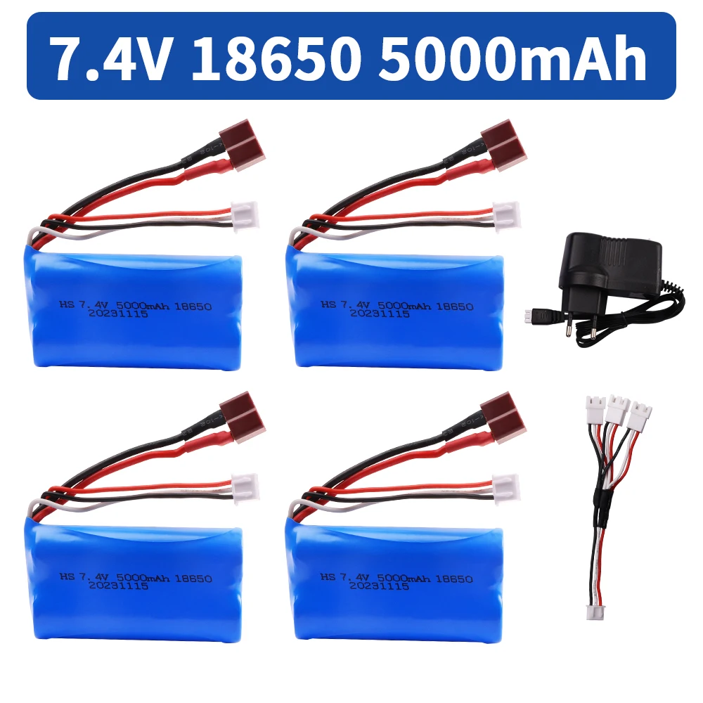 แบตเตอรี่อัพเกรด7.4V 18650 5000mAh สำหรับรถ wltoys 10428/12428/12423/Q46ชิ้นส่วนอะไหล่รถยนต์ RC พร้อมที่ชาร์จ7.4V T