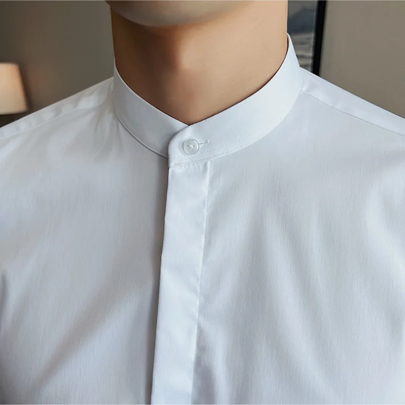 Brand 2023 New Fashion Stand Collar Solid Slim Fit Shirts Mens Casual Luxury Long Sleeve Party Wedding Business Dress Shirts