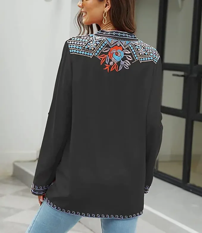 Eaeovni Women\'s Mexican Boho Embroidered Tops and Blouses Peasant Bohemian Ladies Long Sleeve Tunic Shirt Cotton Clothing