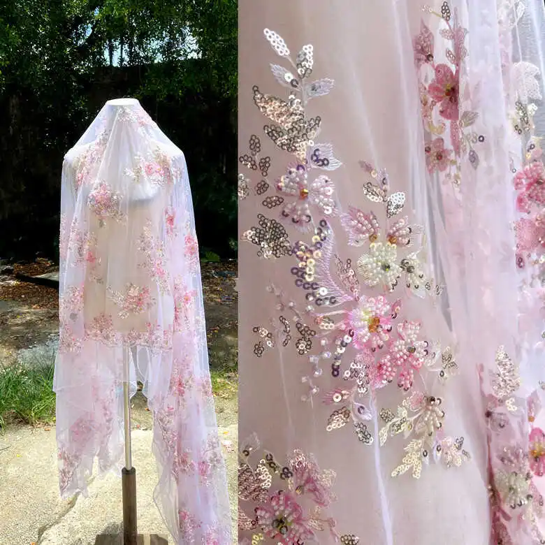 

Haute Couture Heavy Industry Pink Beaded Sequins Three-dimensional Embroidery Soft Mesh Lace Fabric Fabric Dress Fabric